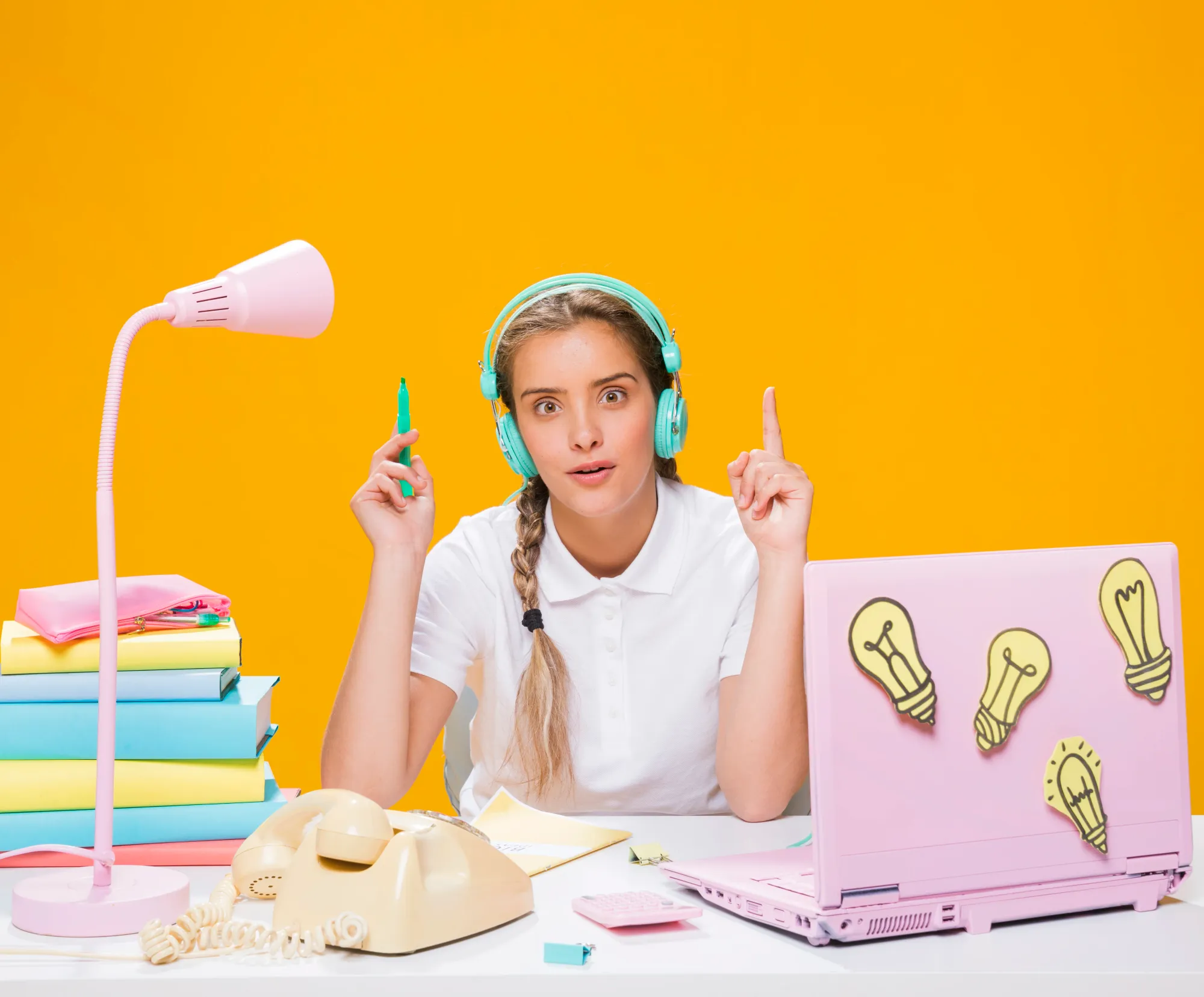 What is the best time to study? (schoolgirl on desk with laptop in memphis style)
