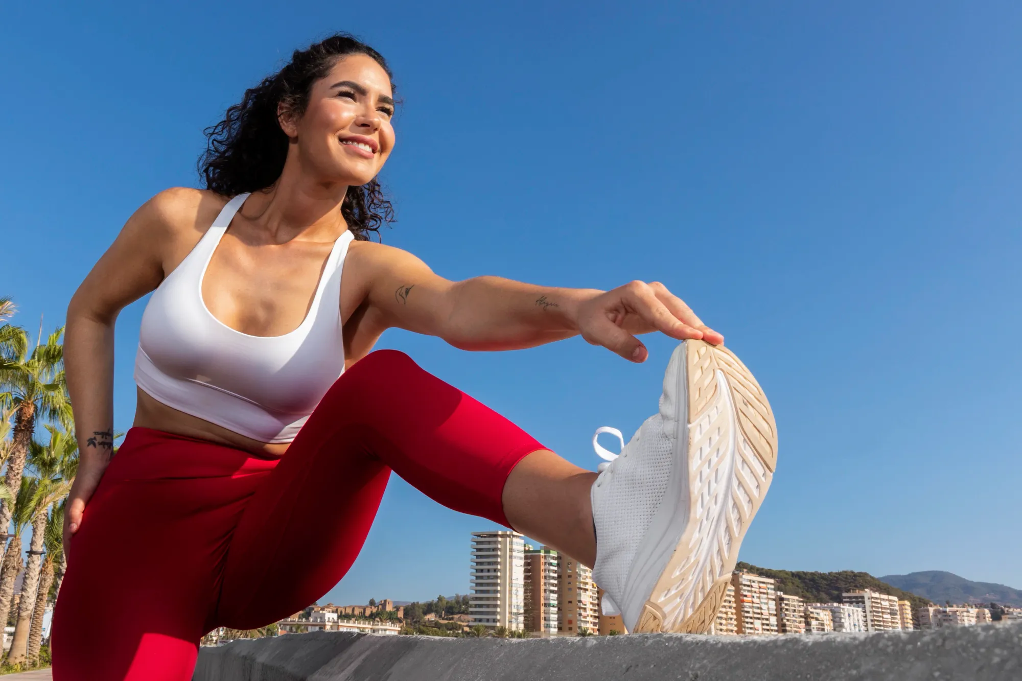A woman with good stamina after climbing up the stairs