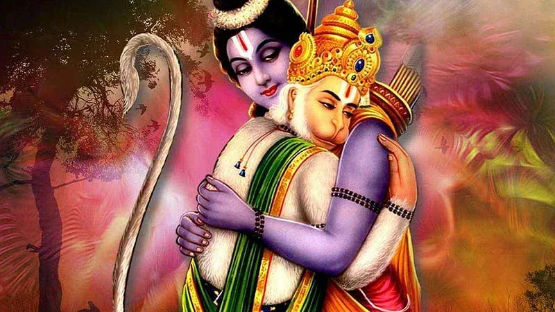 Ram hugging Hanuman, showing the important life skill of adaptability in difficult times