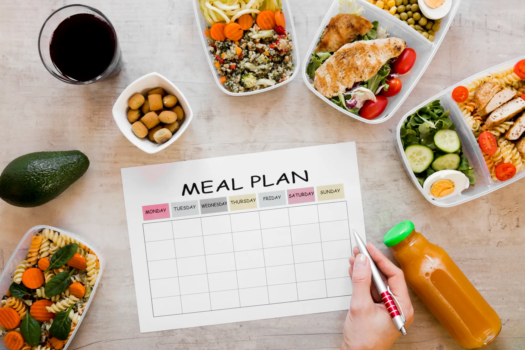A table with healthy food and meal plan to eat better for good food, good life