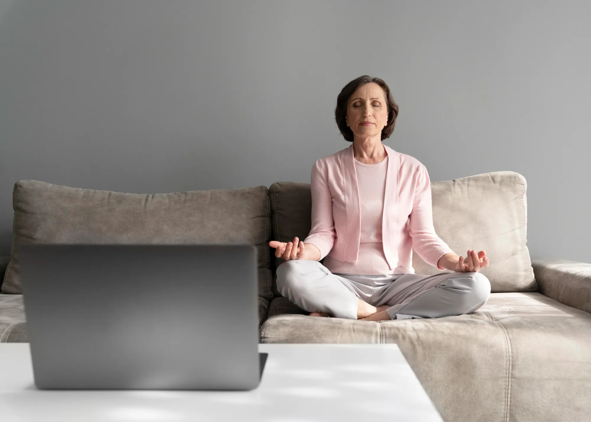 A woman doing a 10 minute meditation on World Meditation Day