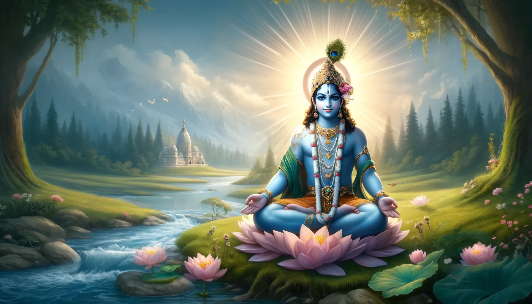 Lord Krishna in a meditative pose, surrounded by a serene natural background and symbols of peace
