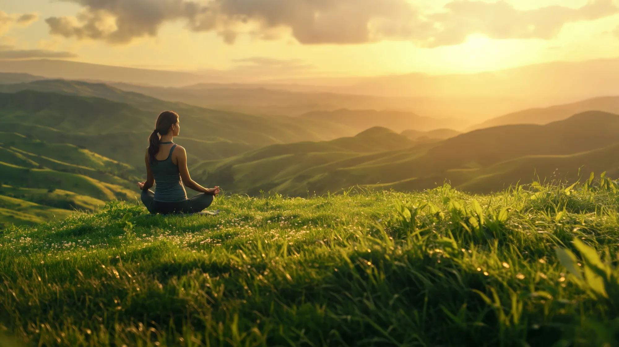 A woman practing nature meditation on a lush green hillside in the morning