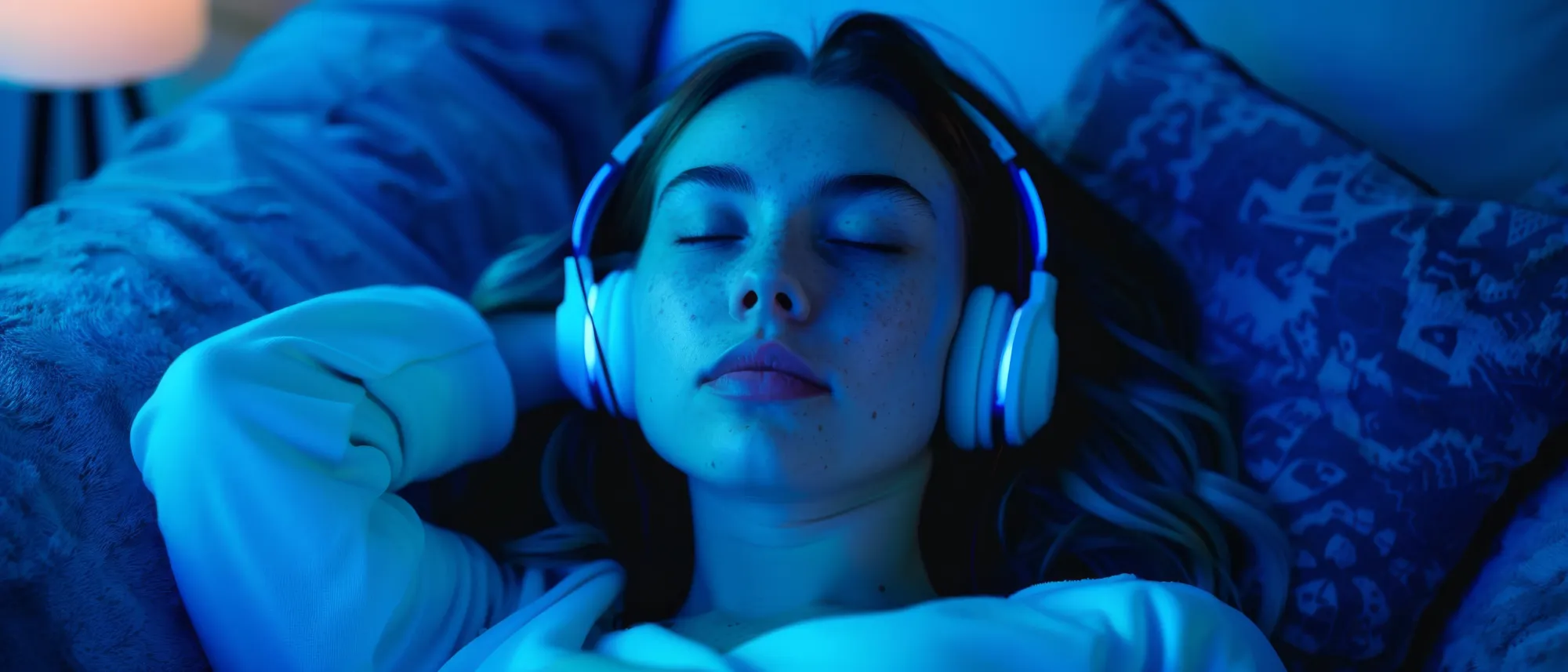 A woman relaxing at night with headphones on, listening to soothing sleep music
