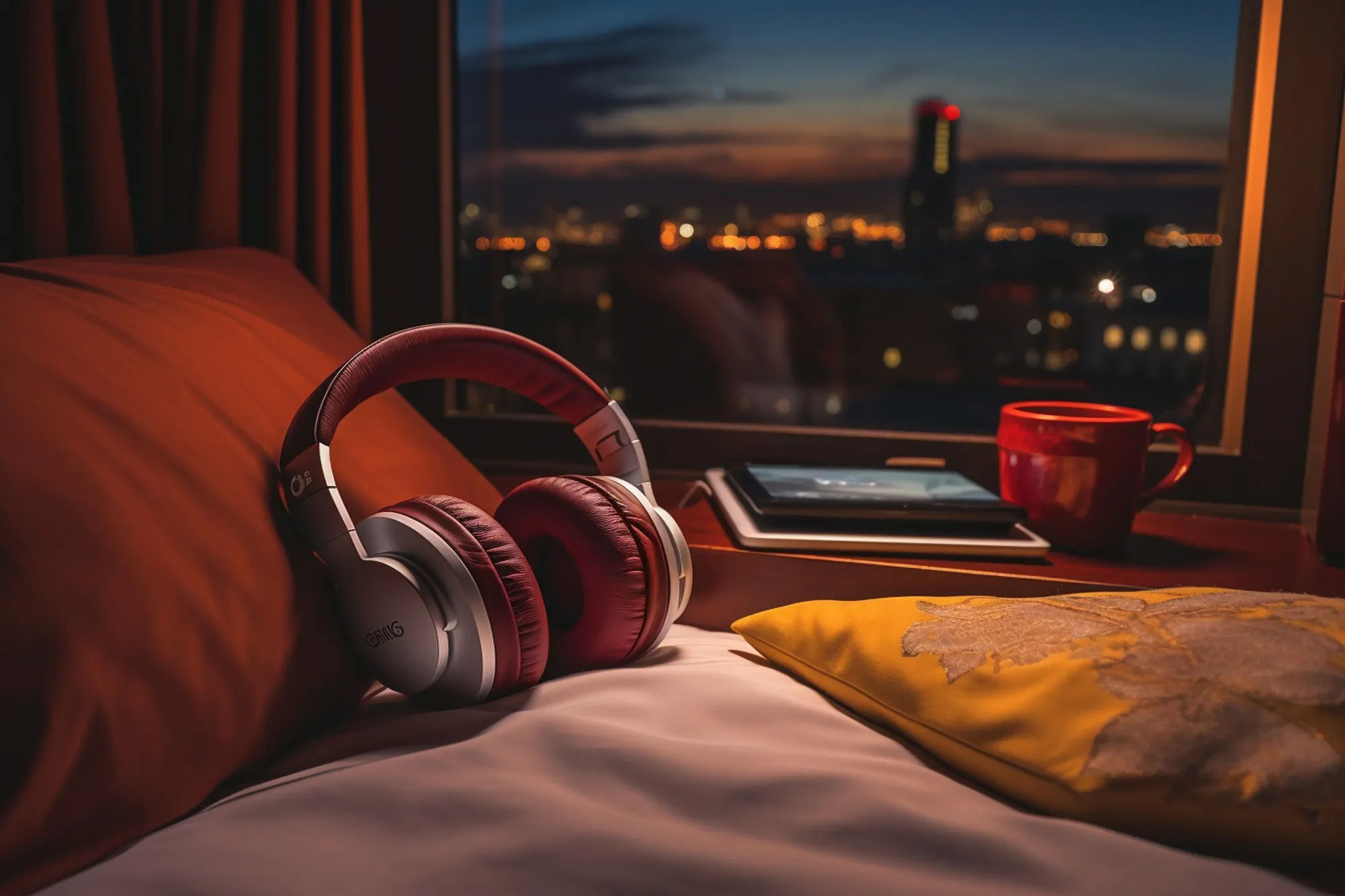 Headphones kept on bed signifying listening to sleep tracks as a tip to fall asleep