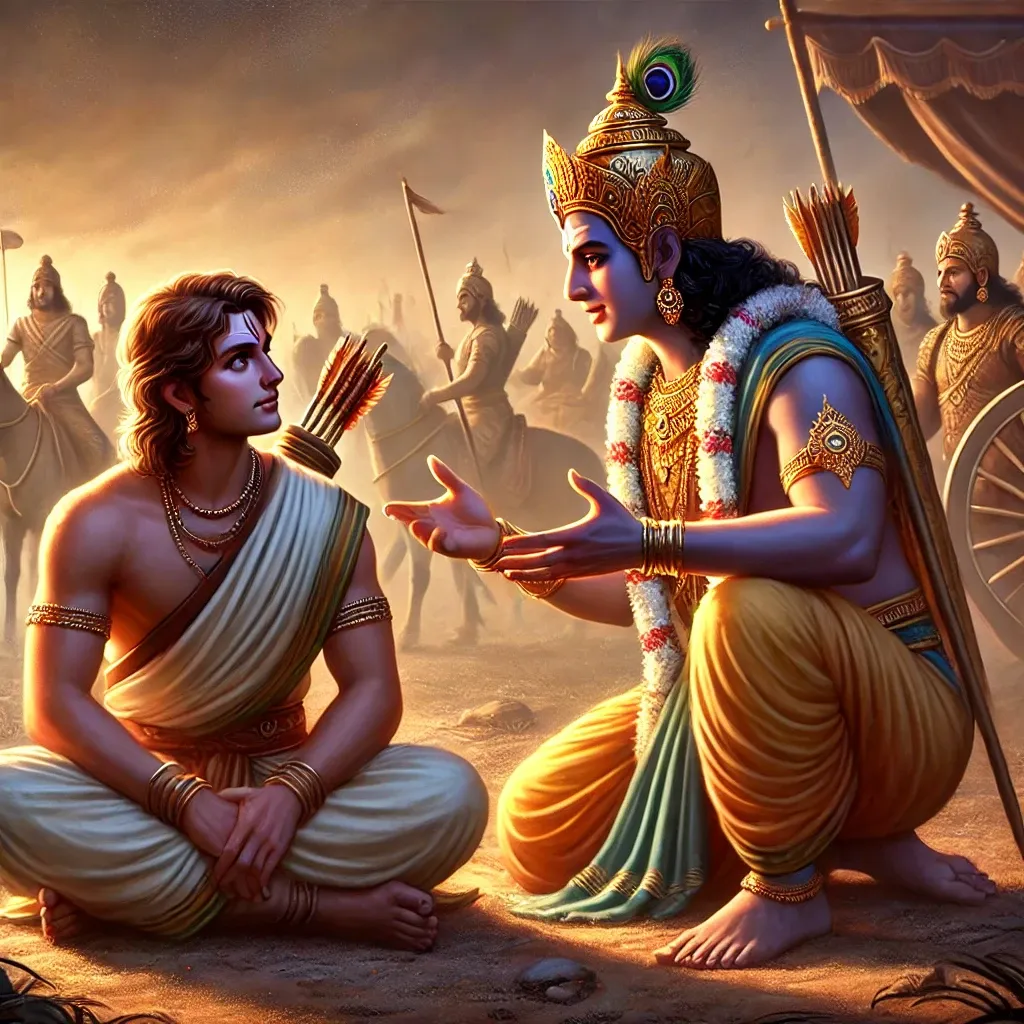 Bhagavad gita quotes on positive thinking: Krishna giving advice to Arjuna on the battlefield